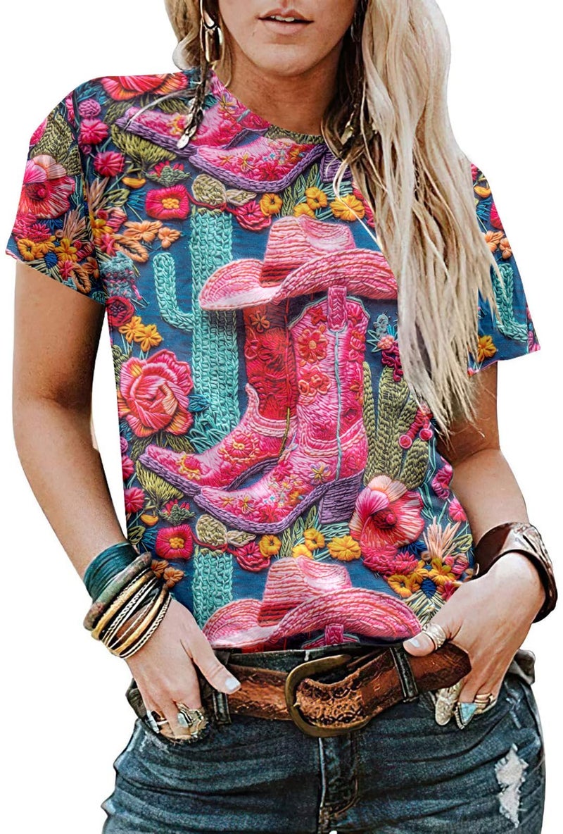MHTOR Western Cactus Horse T-Shirt Cactus Shirts for Women Desert Horse Graphic Tee Casual Cowgirl Vintage Short Sleeve Tops(Small,Pink) - Image 1